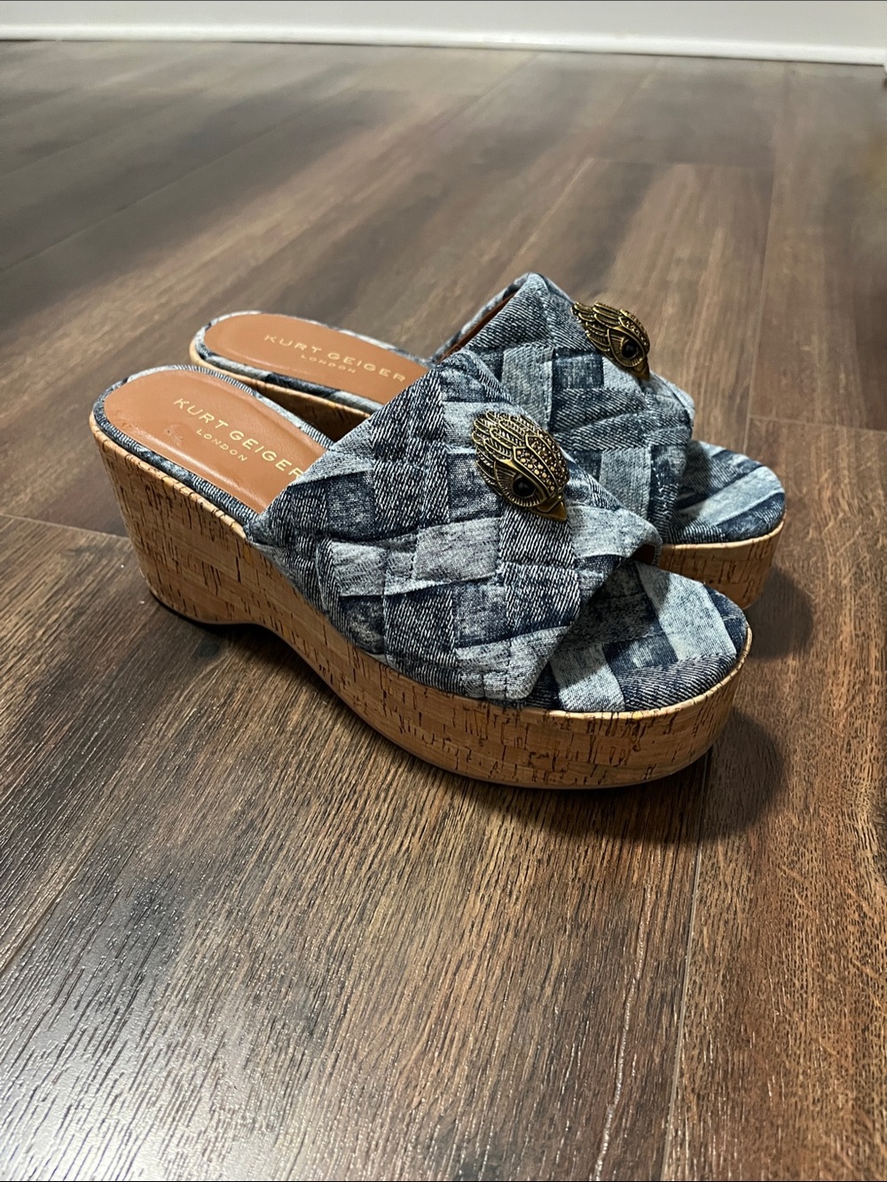 Kurt Geiger Denim Woven Cork Slide Wedges with Gold Emblem - Picture 3 of 10